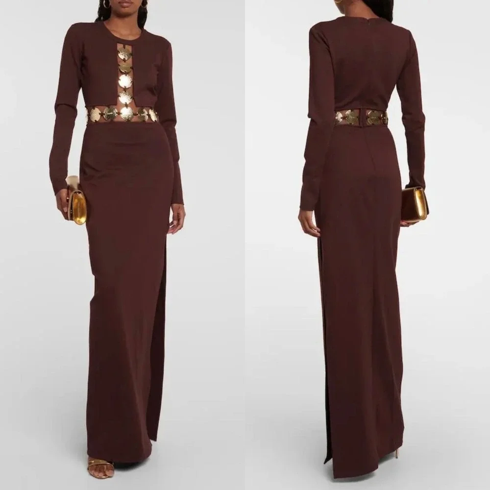 STAUD Delphine Mahogany Brown Cutout Medallion Long Sleeve Maxi Dress Size 2